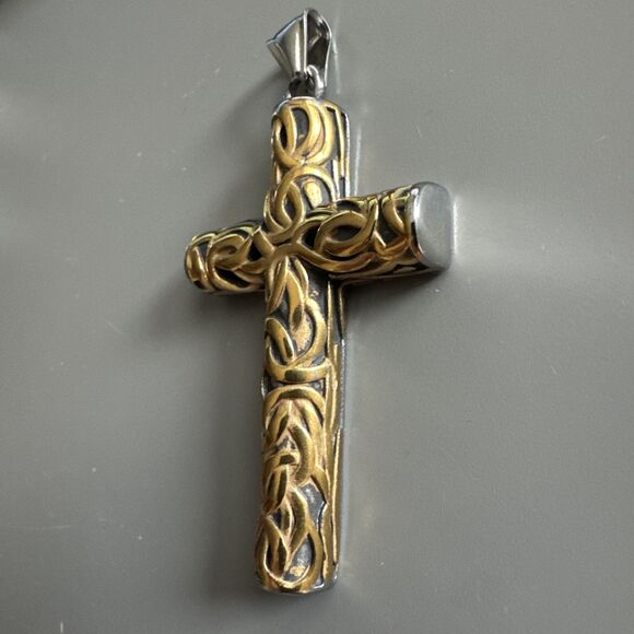 Men’s Cross Pendant 24” Box Chain Necklace Viking Religious Gothic Gold Gift - Picture 2 of 6